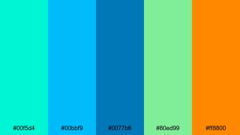 neon surf rush green blue orange color palette with hex codes