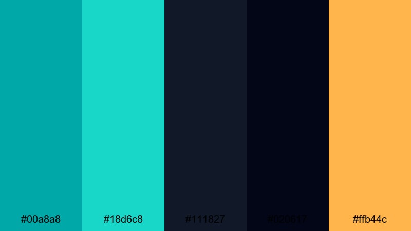 neon teal nightfall teal blue color palette with hex codes