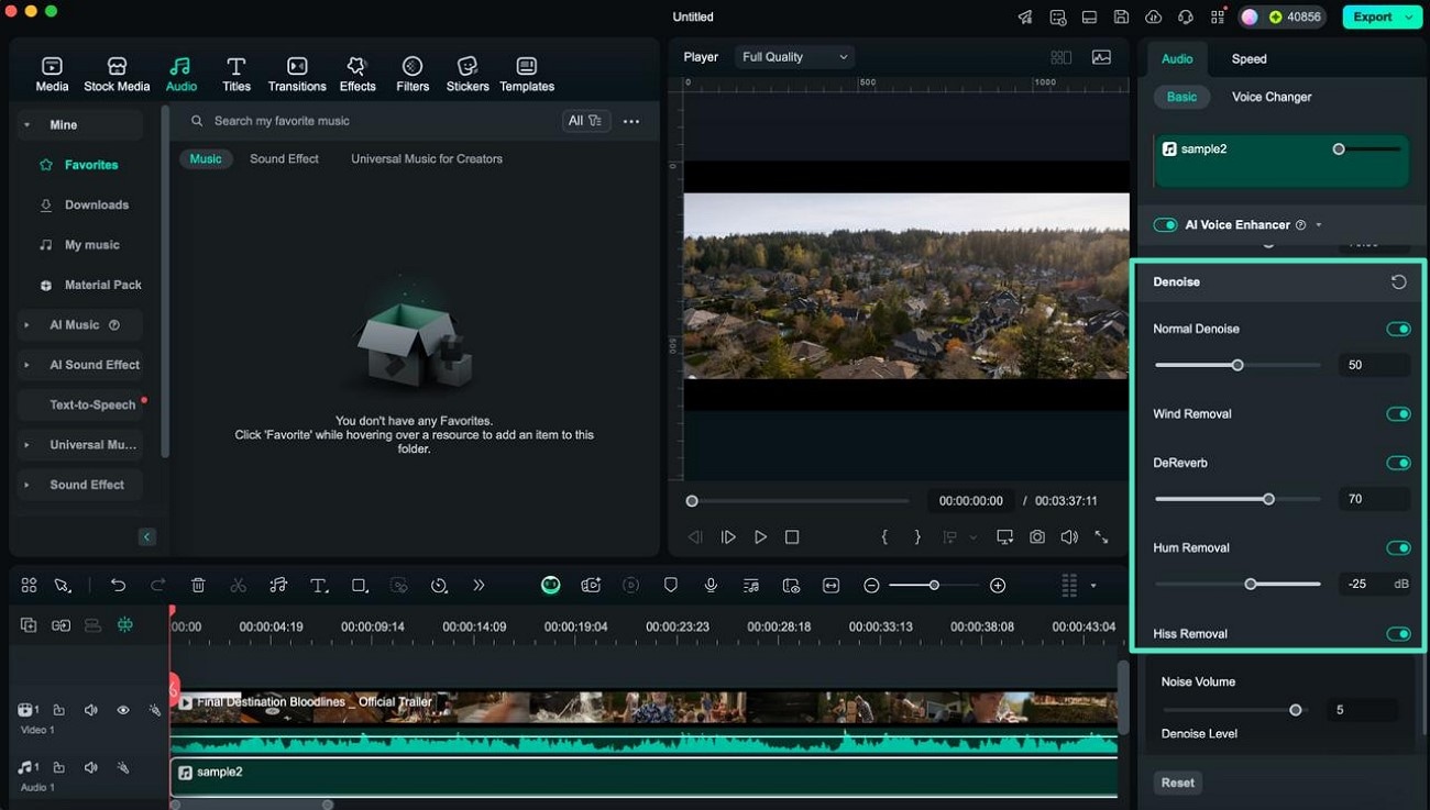 adjust denoise sliders on filmora