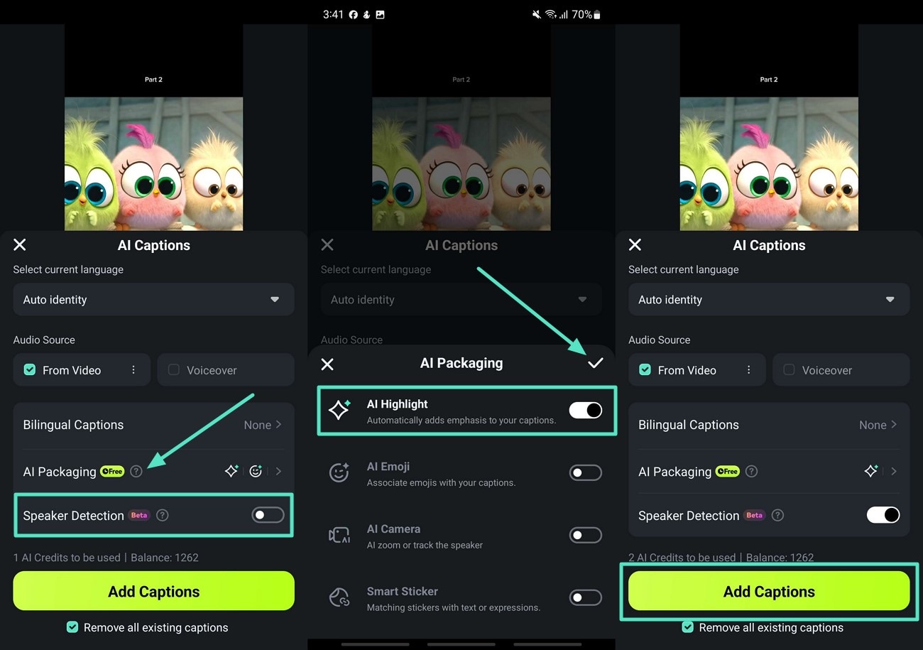 add captions ai highlight