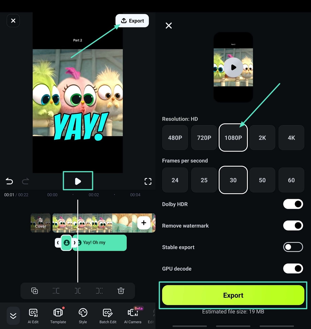 preview and export video filmora app