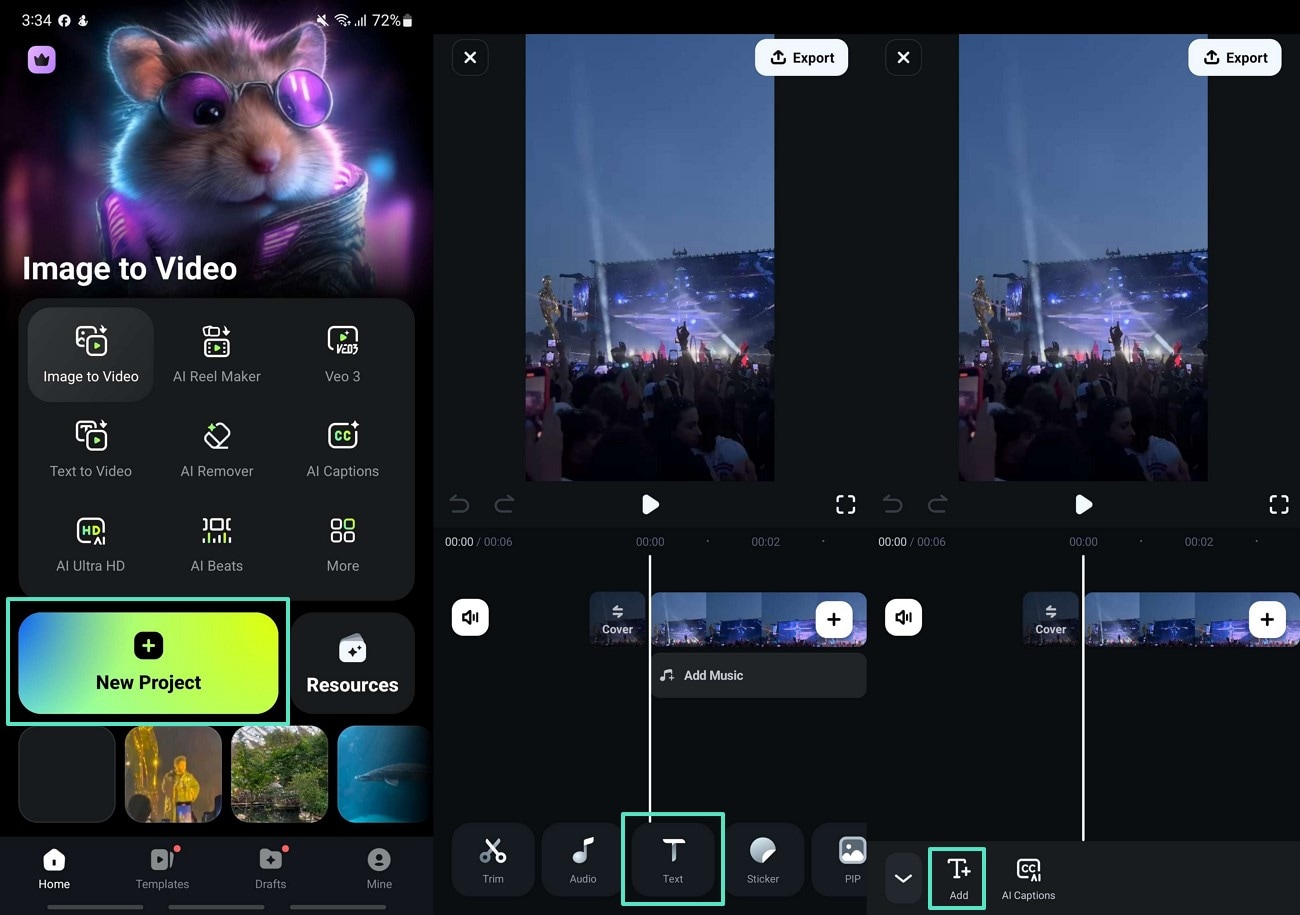 access filmora app and add text