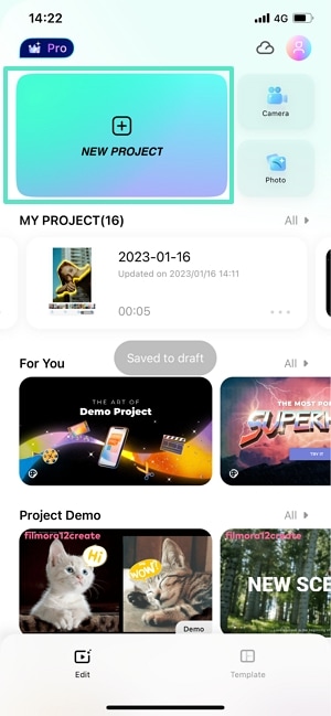 create new project in filmora for mobile