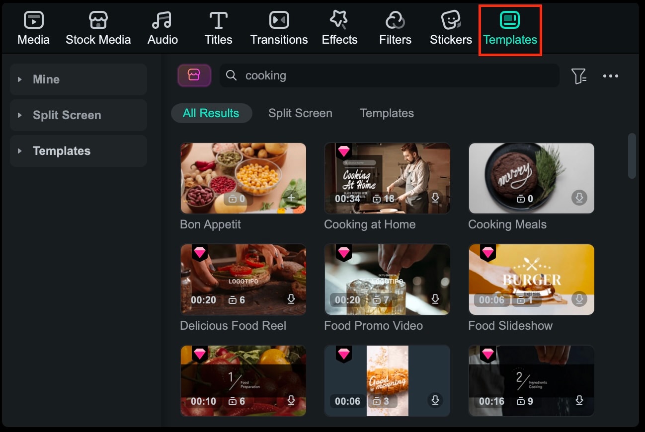 choose templates in filmora