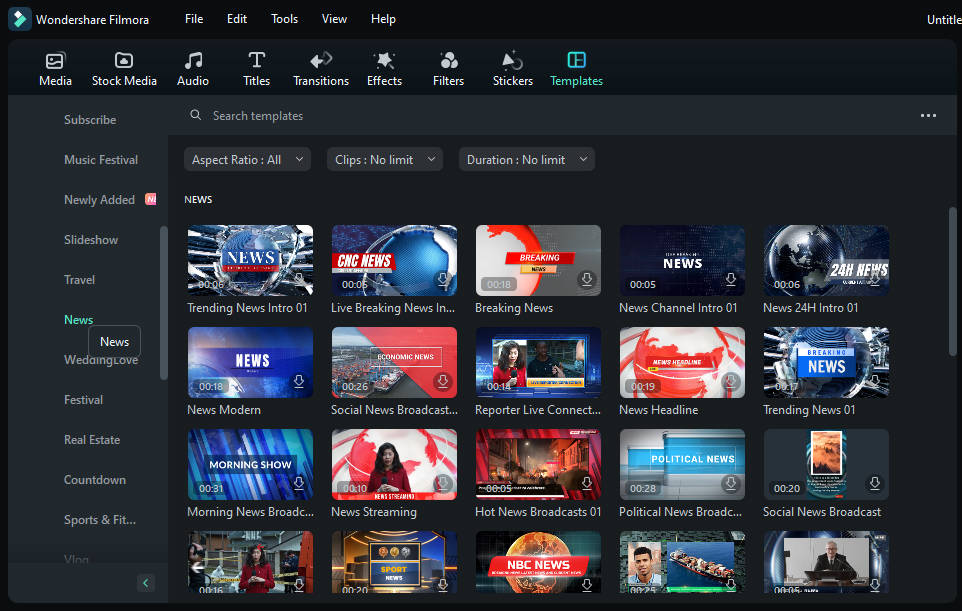 news template window in wondershare filmora