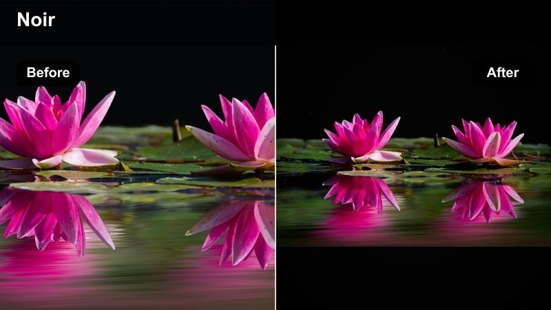 Noir-style night filter with high contrast and cool tones