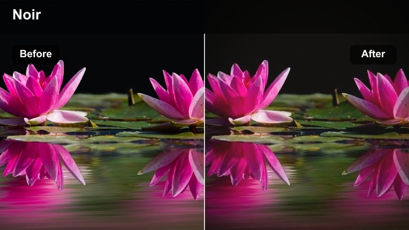 Moody high-contrast city alley at dusk with wet pavement and distant neon lights.