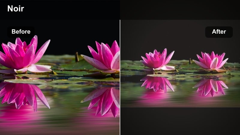 Dark cinematic YouTube frame with deep shadows using Noir Fade filter