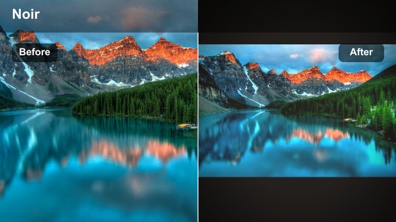 Noir-style sunset filter on a misty city street