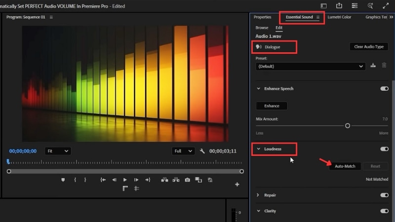normalize audio with essential sound panel