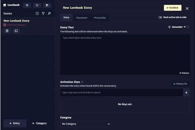 novelai lorebook interface