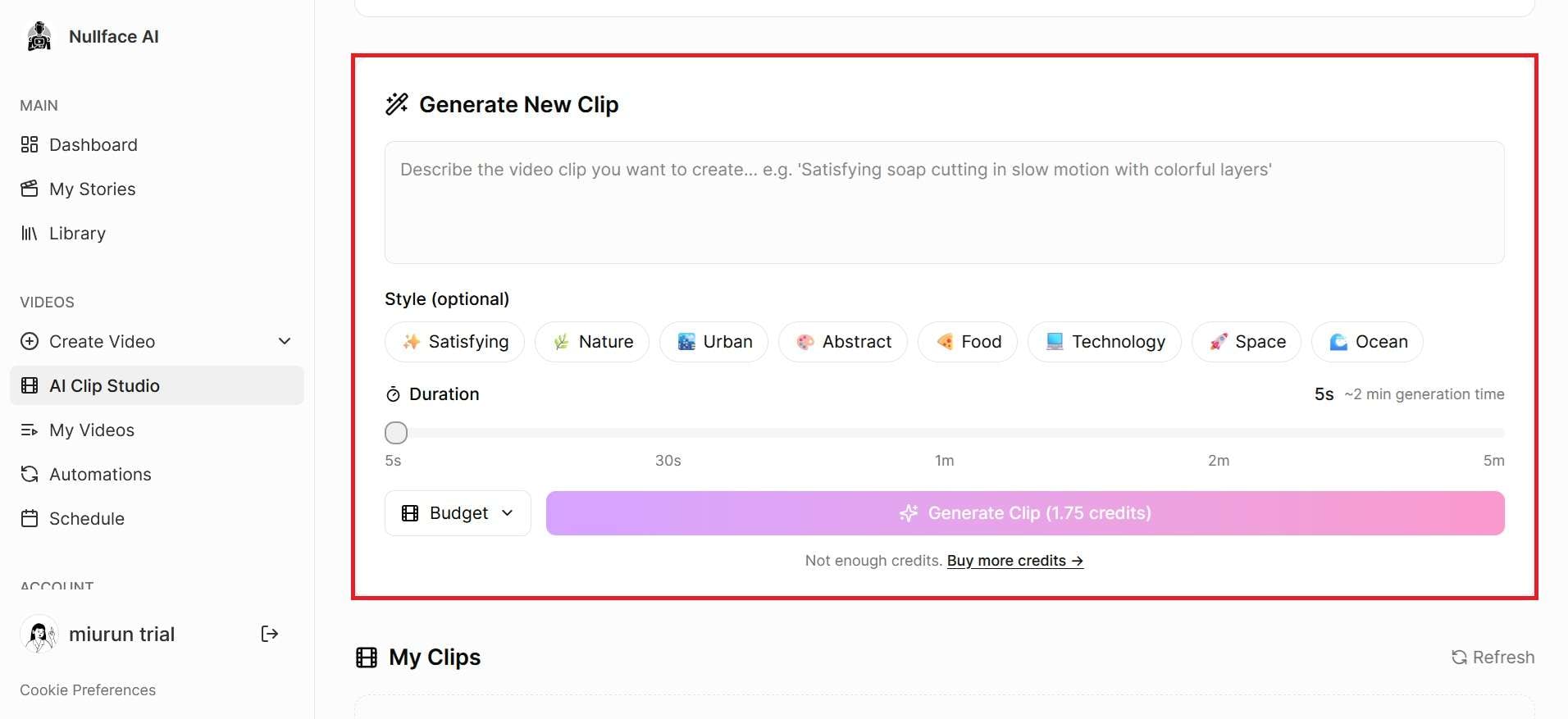 generate video nullface ai clip studio