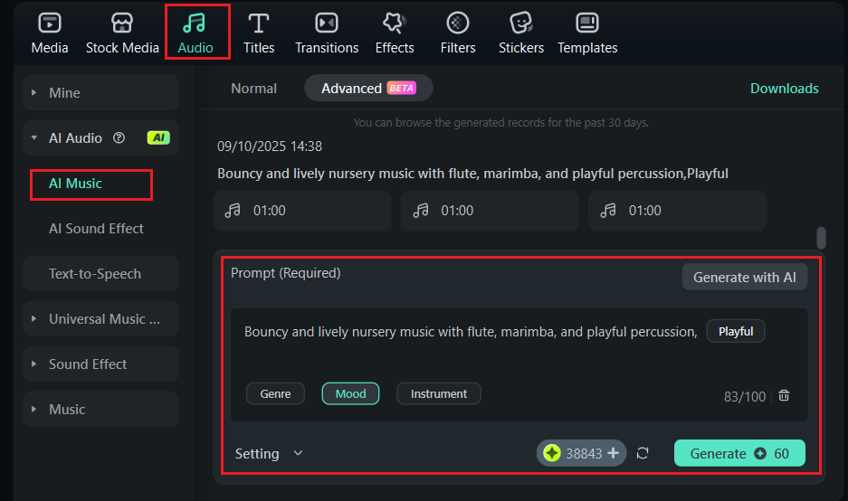 filmora ai music generator