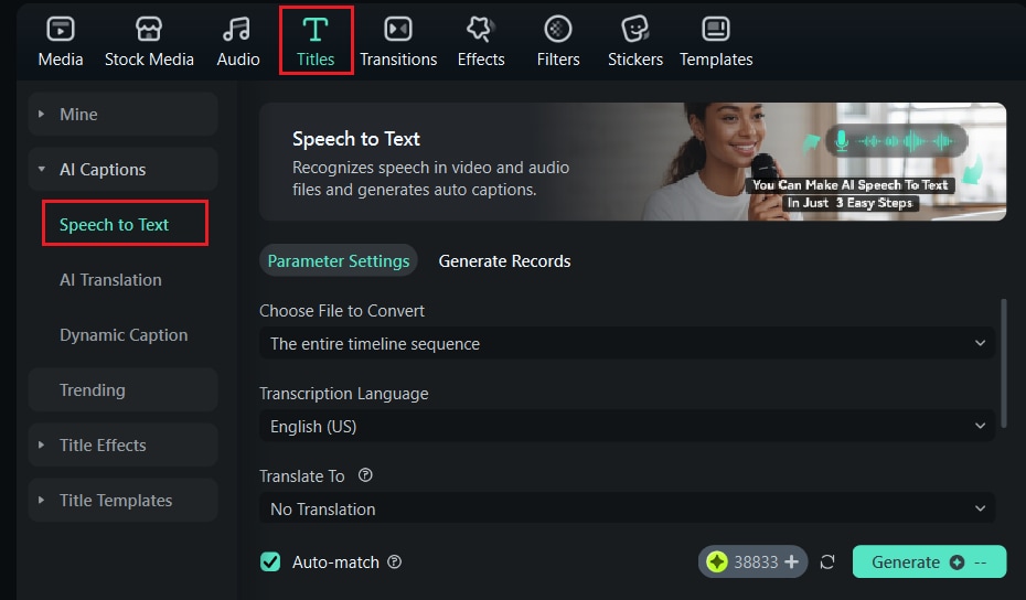 filmora speech to text tool