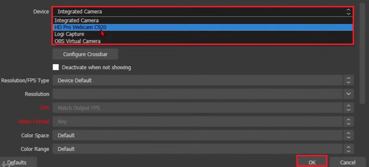 obs camera source settings