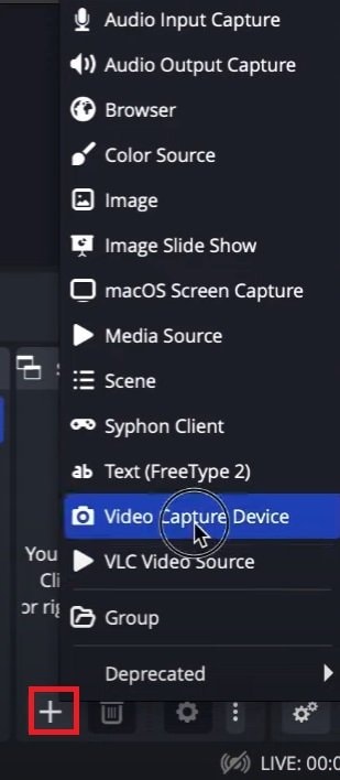 add a video capture source in obs