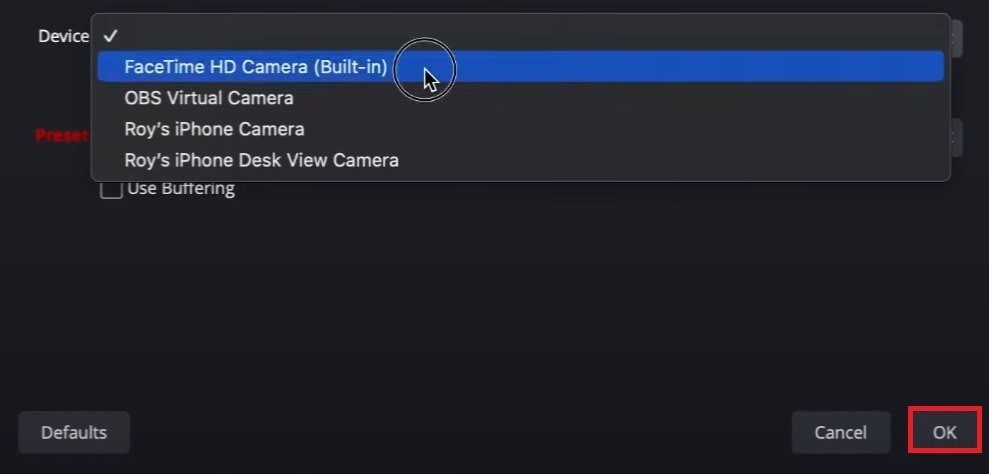 select a webcam in obs