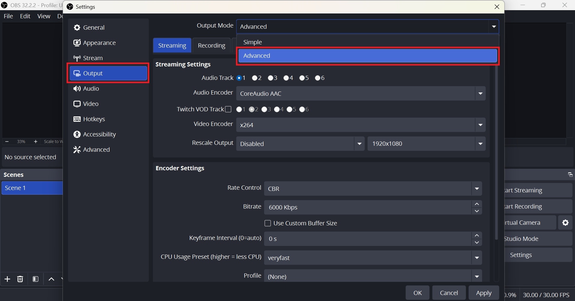 set advanced output mode