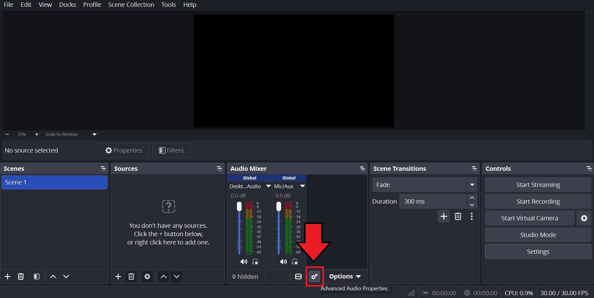 open settings in audio mixer panel