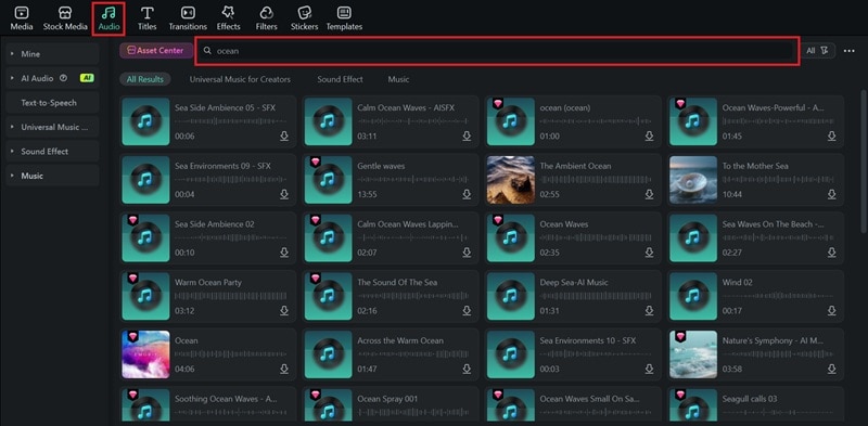 télécharger des effets sonores d’océan dans la bibliothèque Filmora