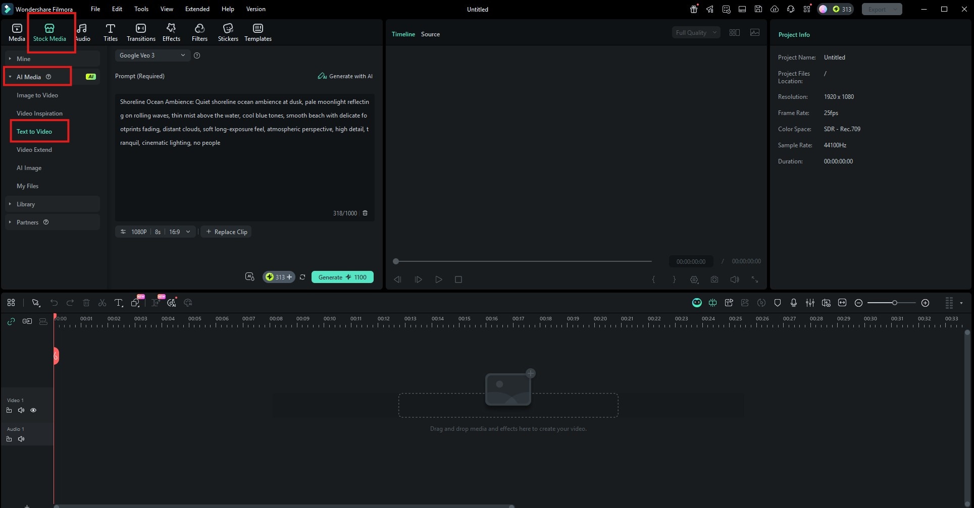 générer une vidéo d’océan avec text to video dans Filmora