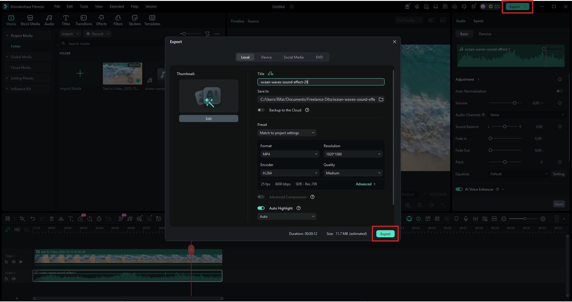 exporter une vidéo d’océan avec son