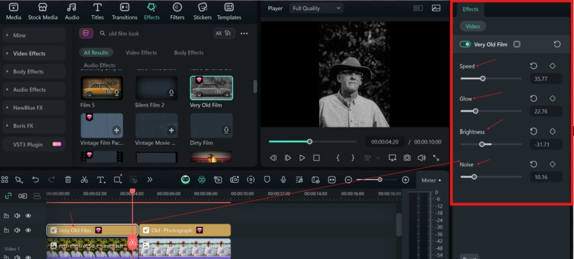 adjust old film effect settings