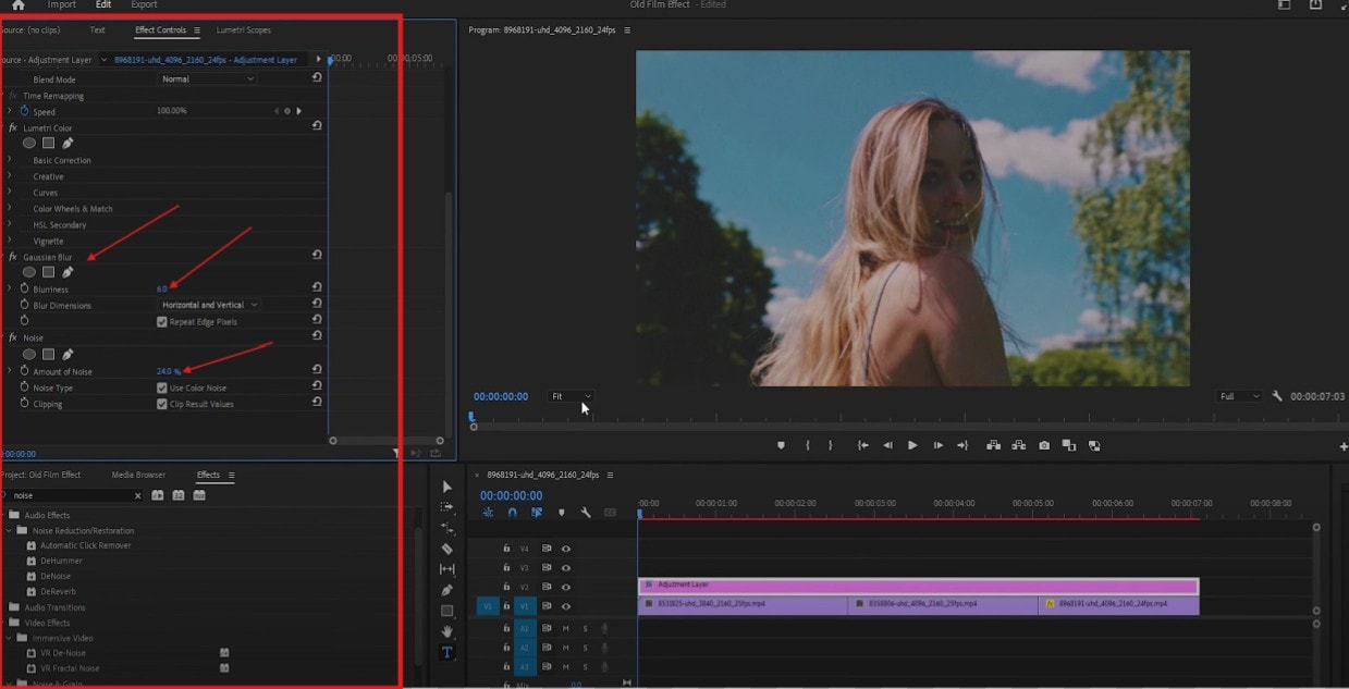 set noise and blur value