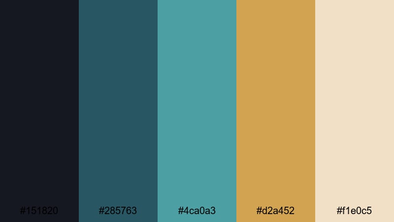 old film riviera teal gold color palette with hex codes
