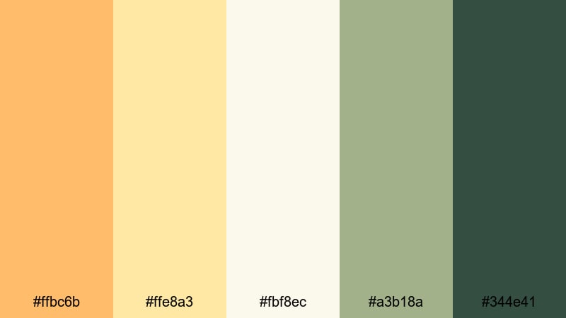 olive orchard dawn orange green yellow color palette with hex codes