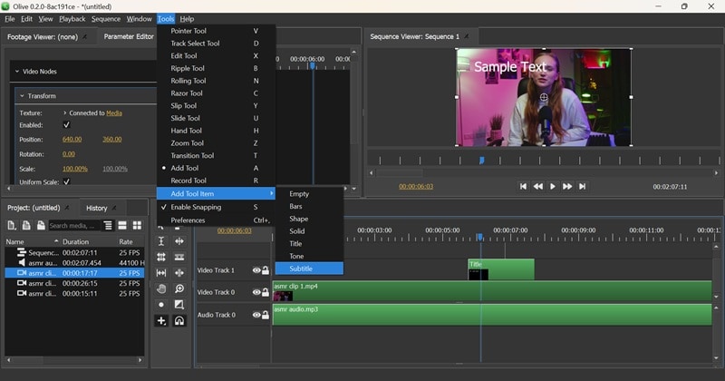 olive editor title and subtitles