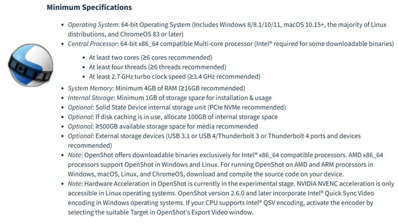 openshot video editor minimum specifications