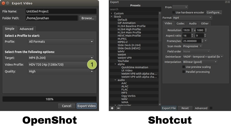 shotcut vs openshot export settings comparison