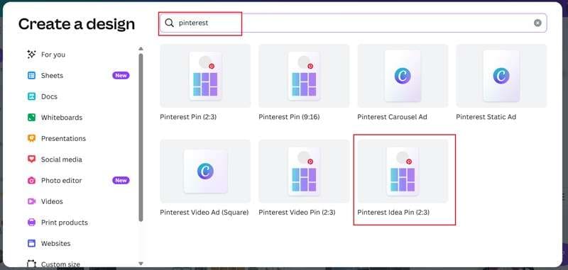 select a pinterest layout on canva