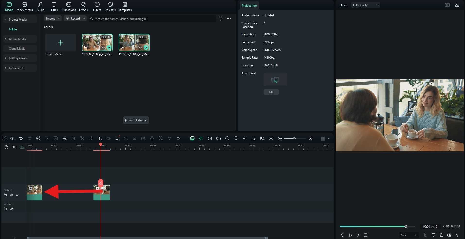 move clips in editing timeline filmora