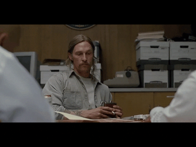 over the shoulder shot true detective