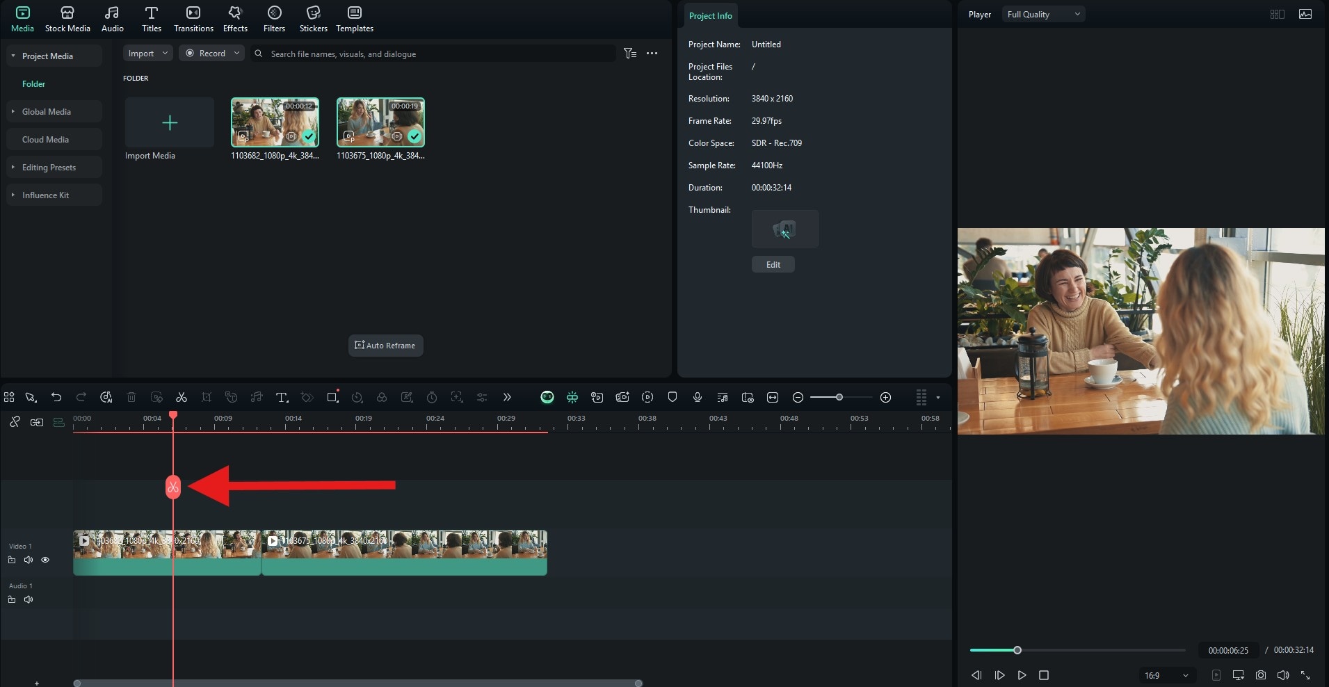 cut clips in editing timeline filmora