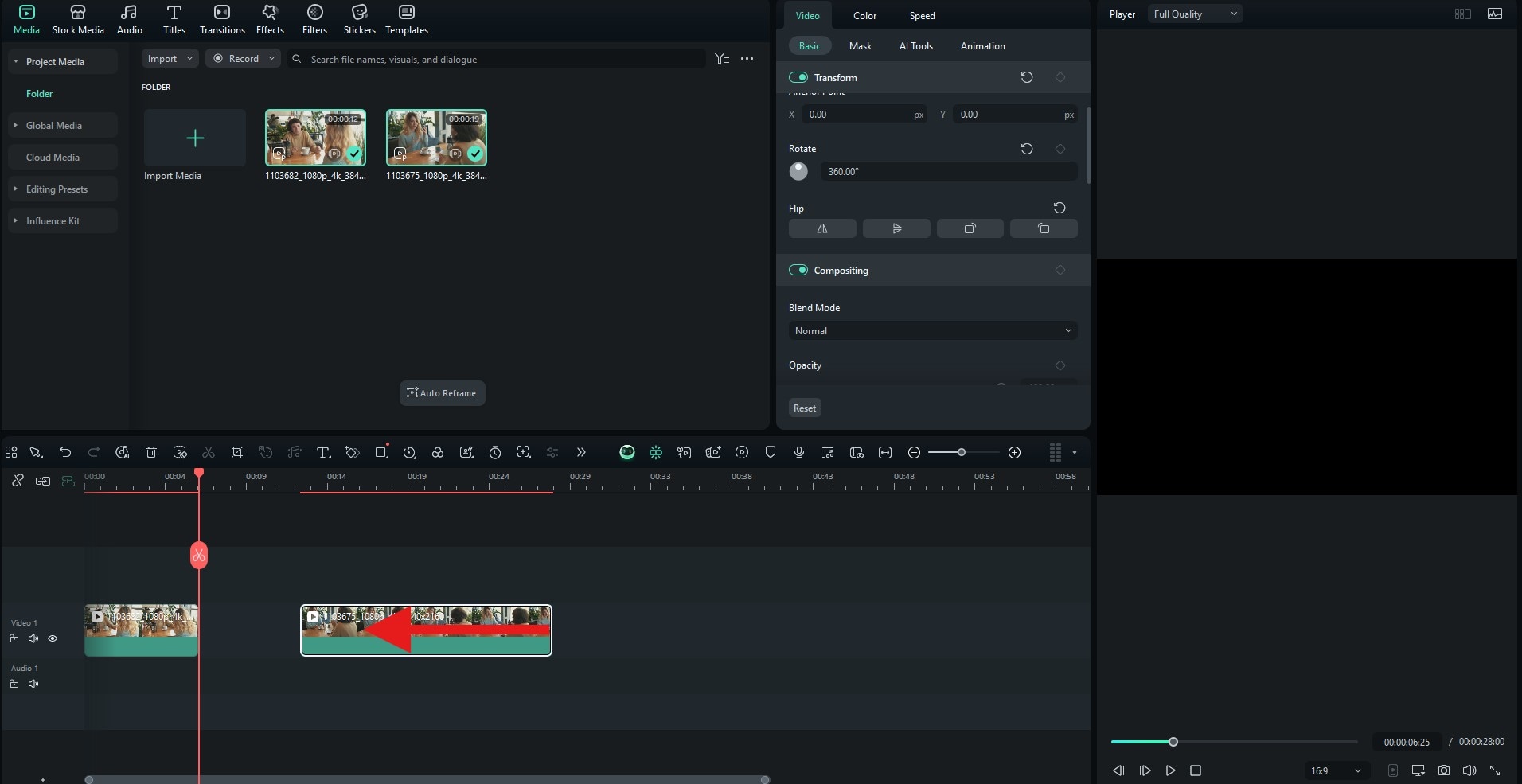 trim clips in editing timeline filmora