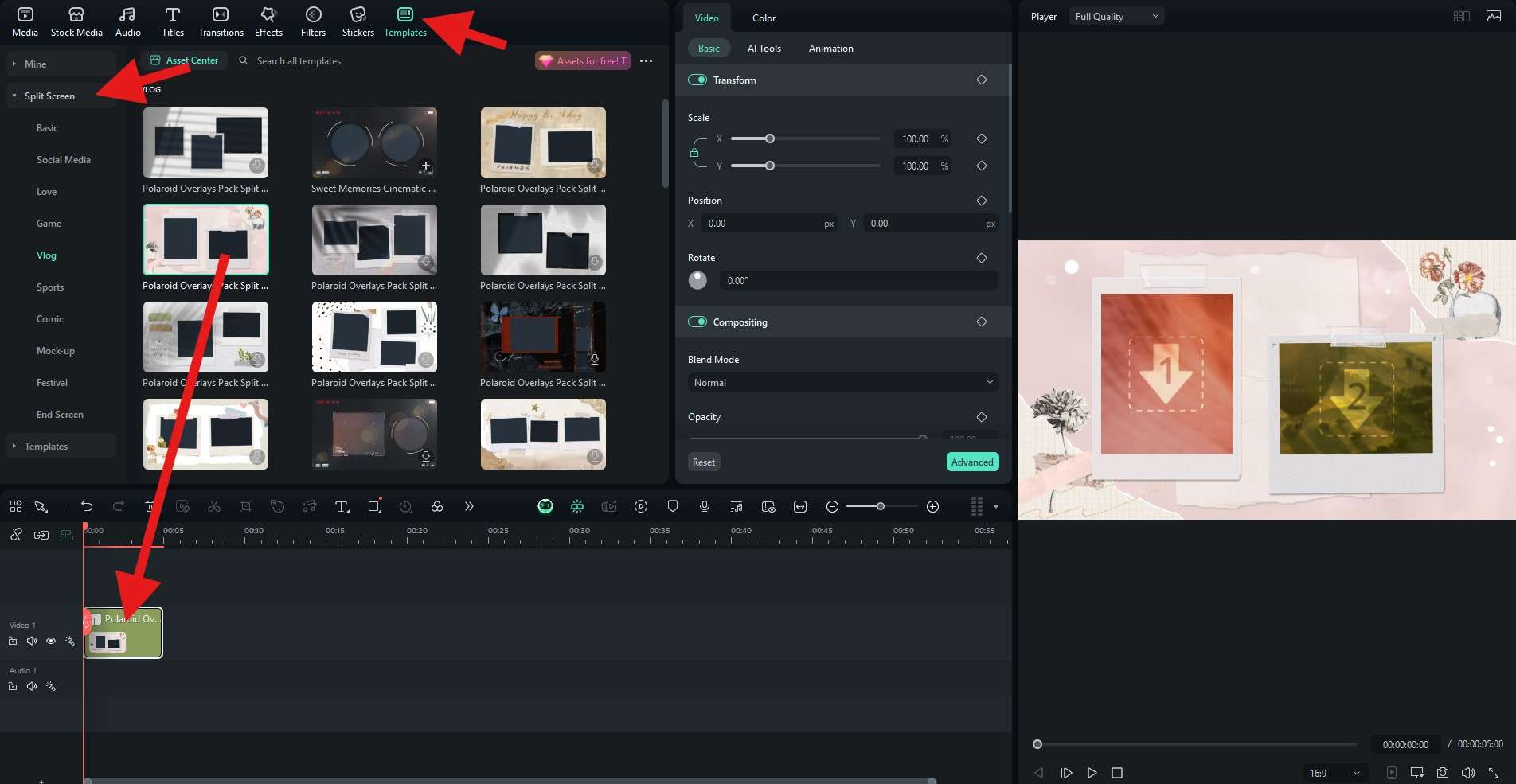 drag split screen template to timeline