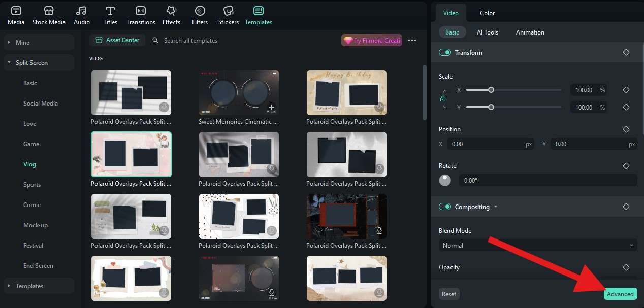 access advanced split screen settings filmora