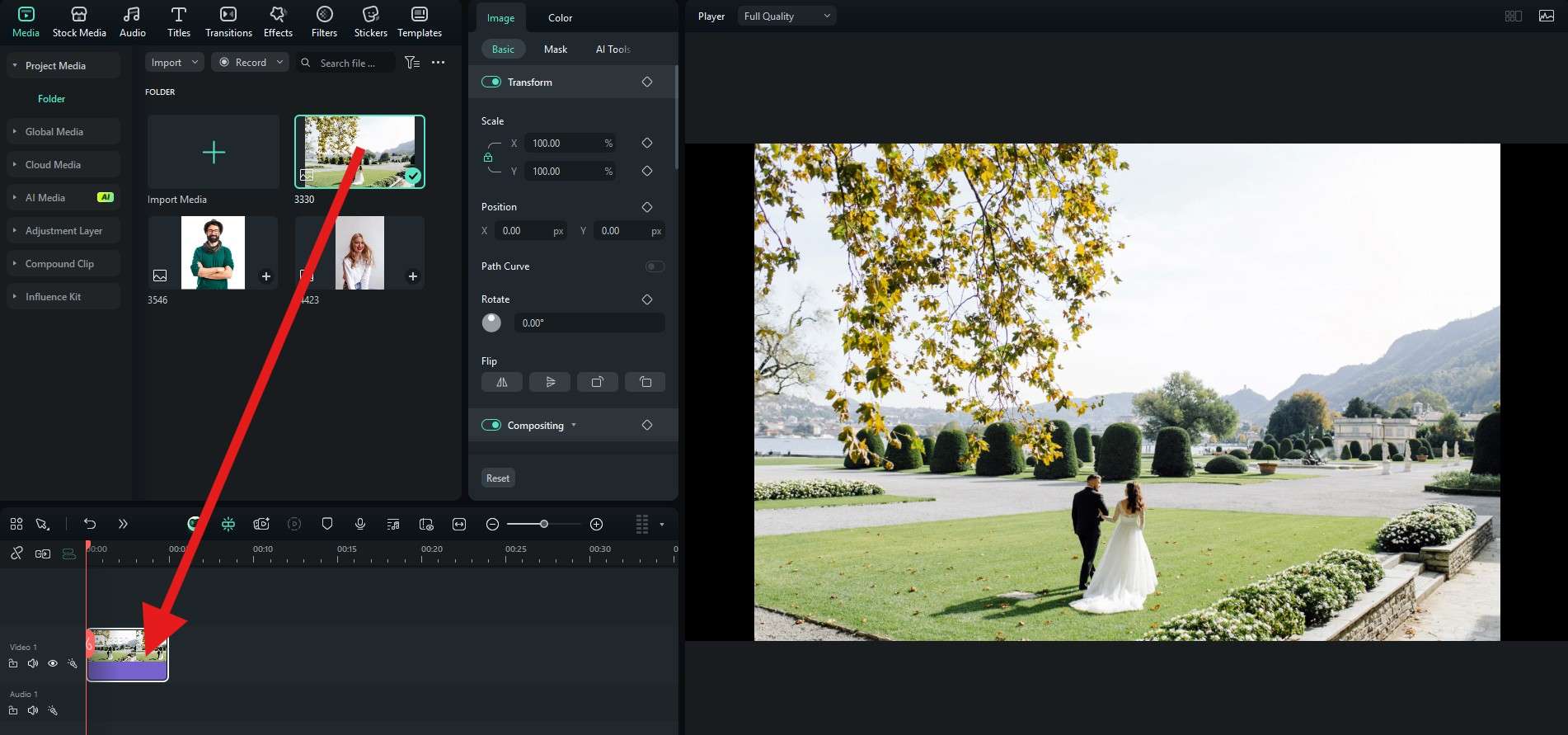 drag base image to timeline filmora