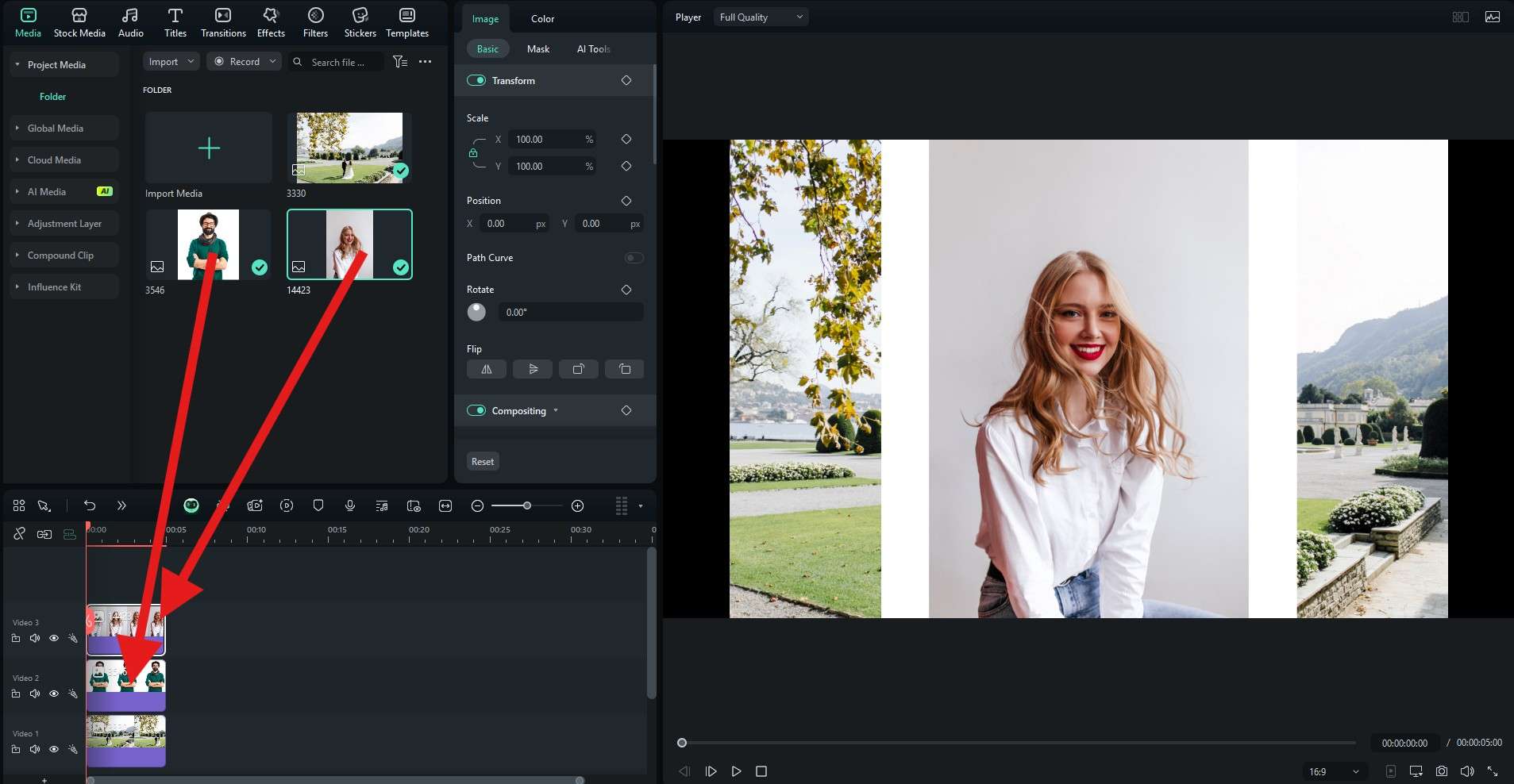 drag two images to timeline filmora