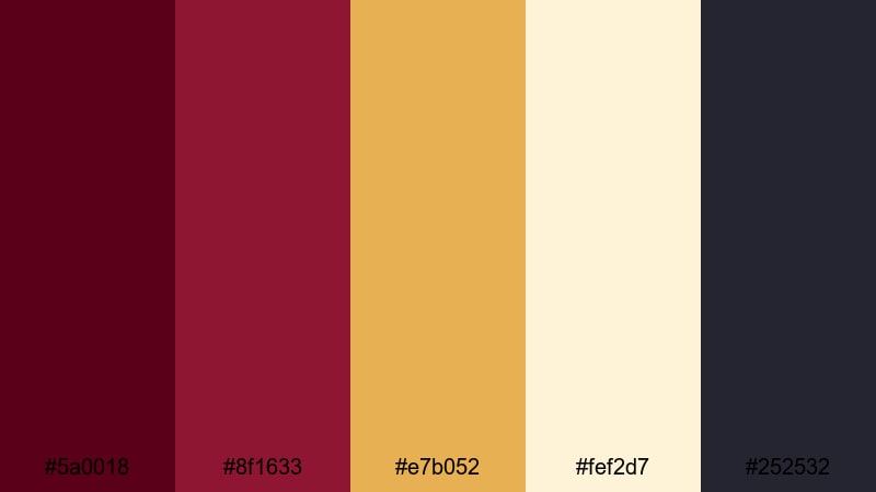 palace corridor glow gold burgundy color palette with hex codes