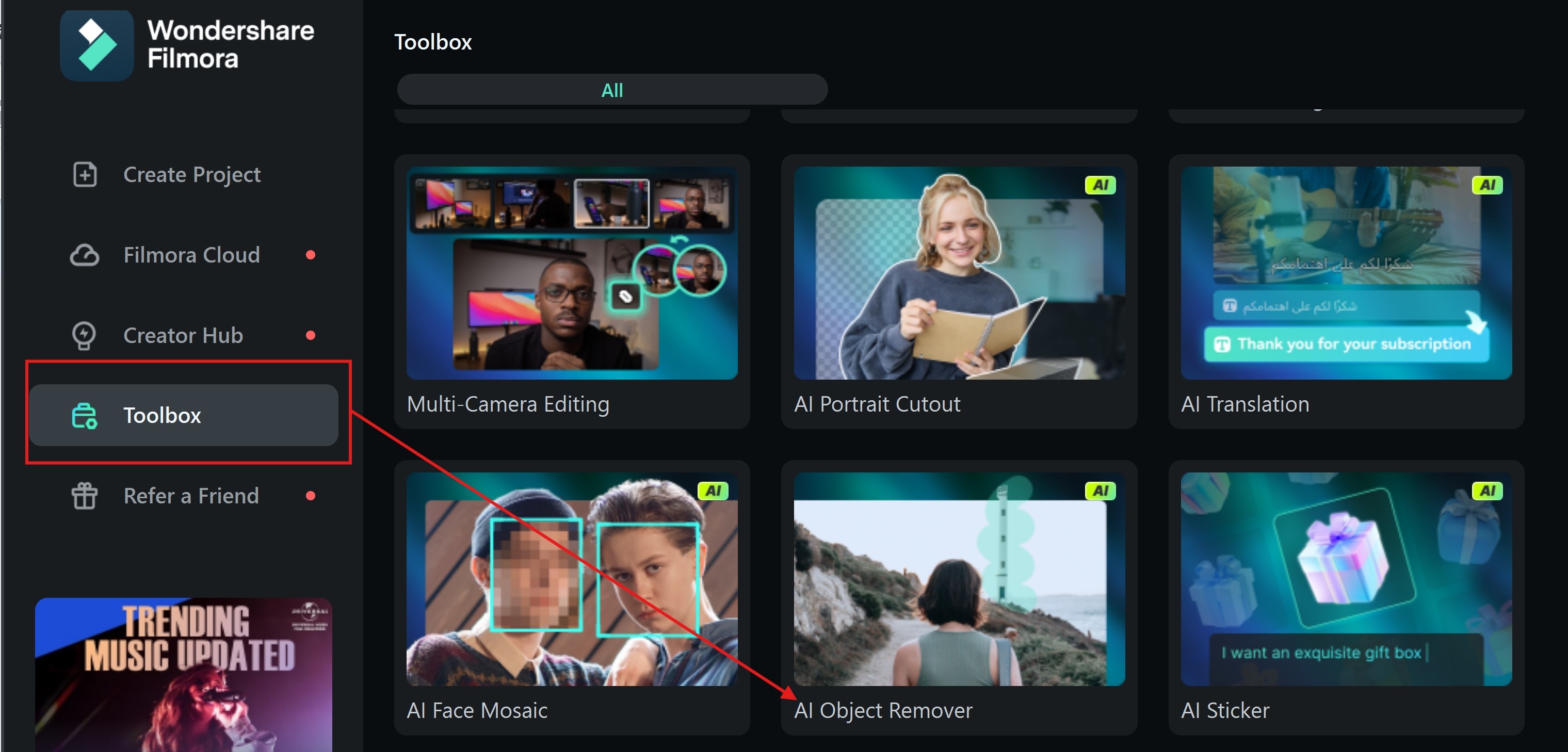 launch filmora and select object remover