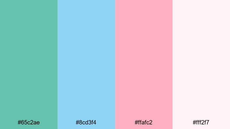 pastel coral tide green blue pink color palette with hex codes
