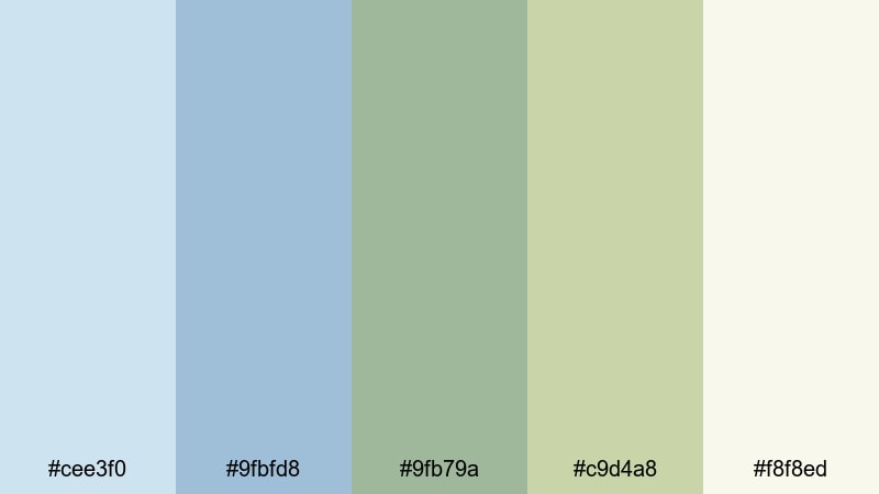 pastel cove canopy blue olive green color palette with hex codes