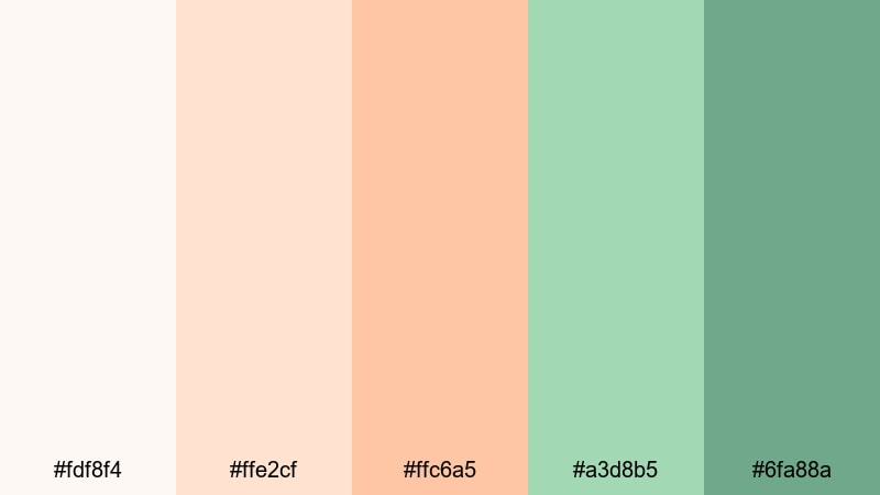 pastel grove sorbet green peach color palette with hex codes