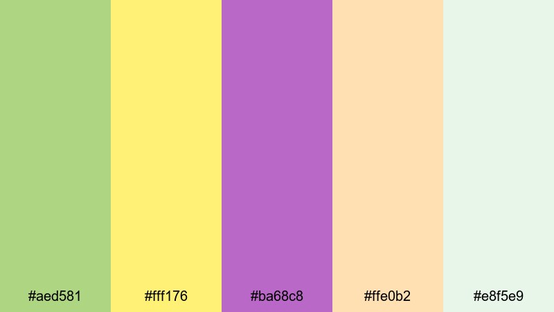 pastel meadow glow green yellow purple color palette with hex codes