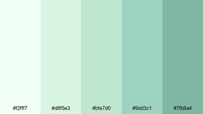 pastel mint whispers light green color palette with hex codes