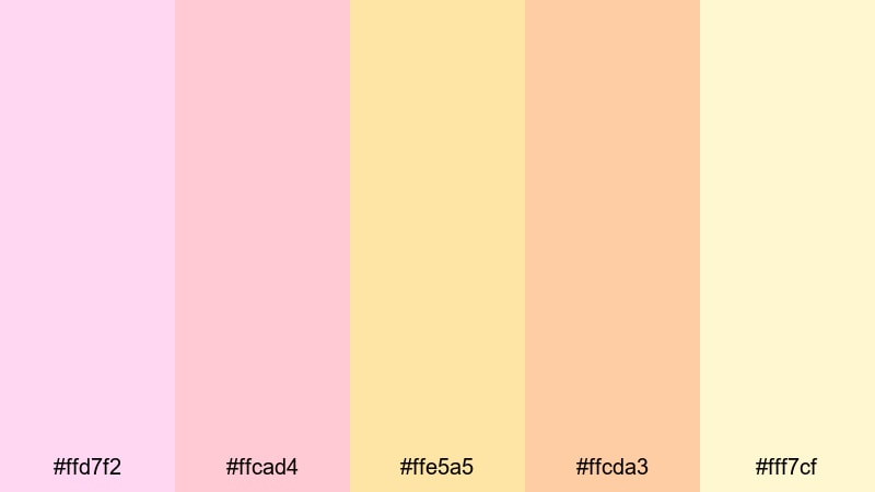 pastel sherbet cloud pink yellow orange color palette with hex codes